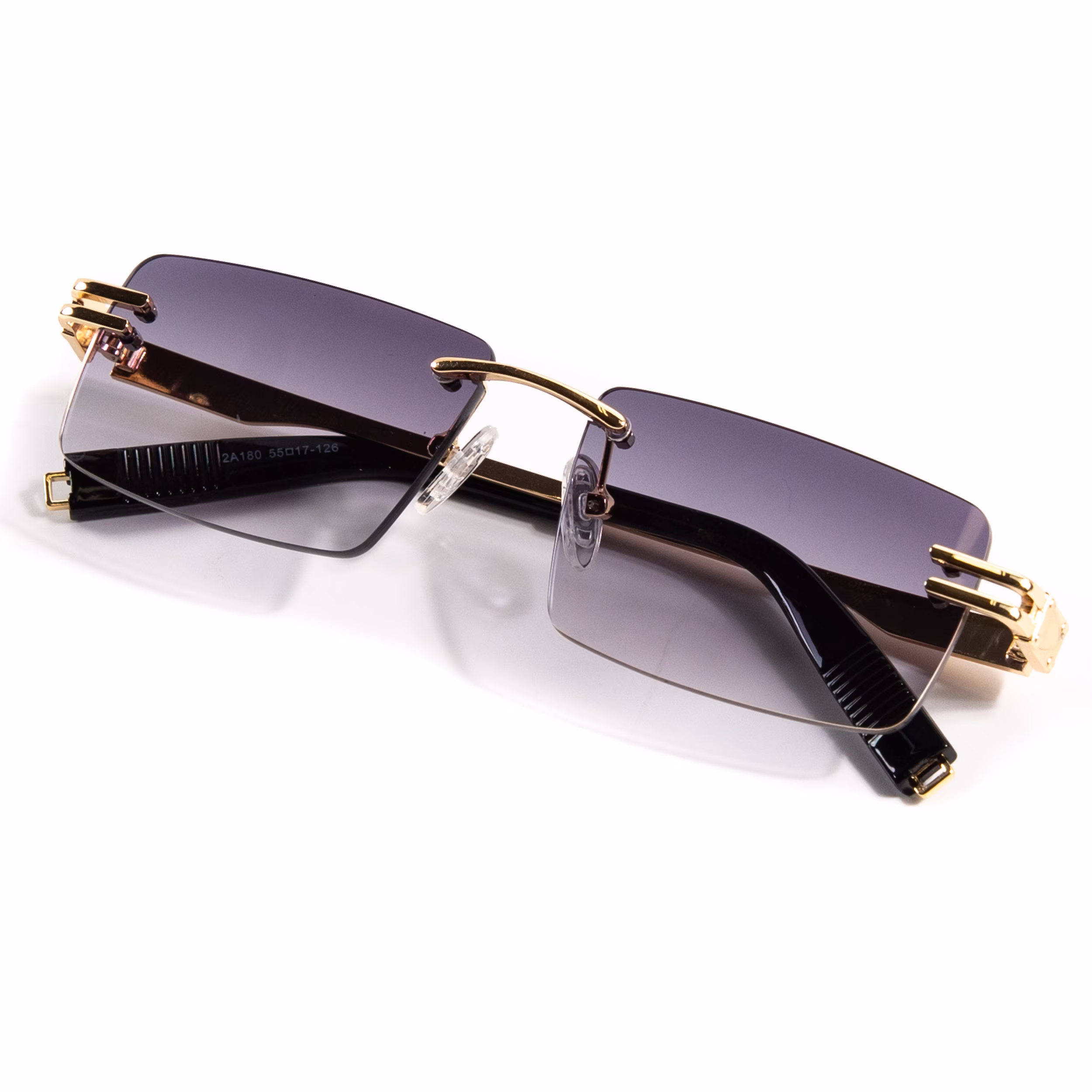 Purple Tint Retro Gradient Rectangular Mens Gold Frame Elegant Vintage Rimless Sunglasses