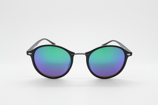 90S Vintage Round Sunglasses. Black Slim Frame With Metal Bridge & Blazing Petrol Mirror Lenses. Rb4242