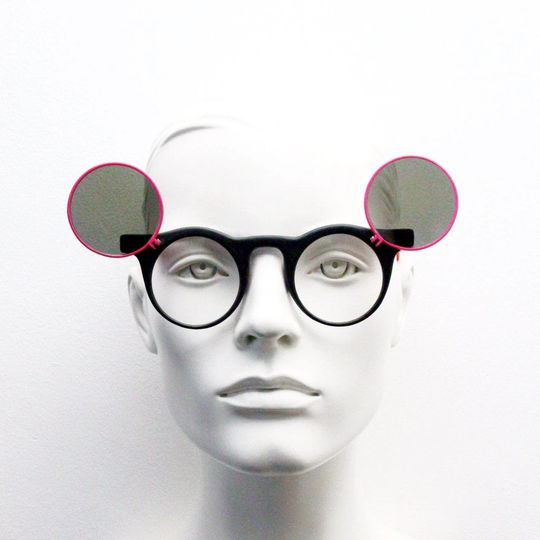 80S Vintage Round Flip Up Sunglasses Black Matt Finish Flexible Frame With Fluorescent Pink Dayglo Arms. Unused Nos Flipper