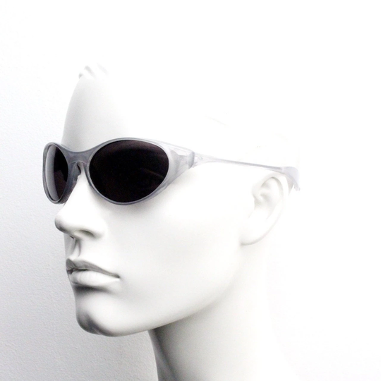 90S Vintage Wraparound Sunglasses. Transparent Grey Bug Eye Frame With Black Lenses. Bnwt. Rave 2000S. Y2K Club Kids. Unused Nos