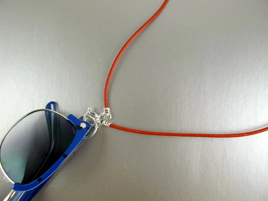 Eyeglasses Holder, Loopm, Sterling Silver Loop For Glasses, Front Closing Clasp, Red Leather Neck Cord With Loop, Readers Keepers