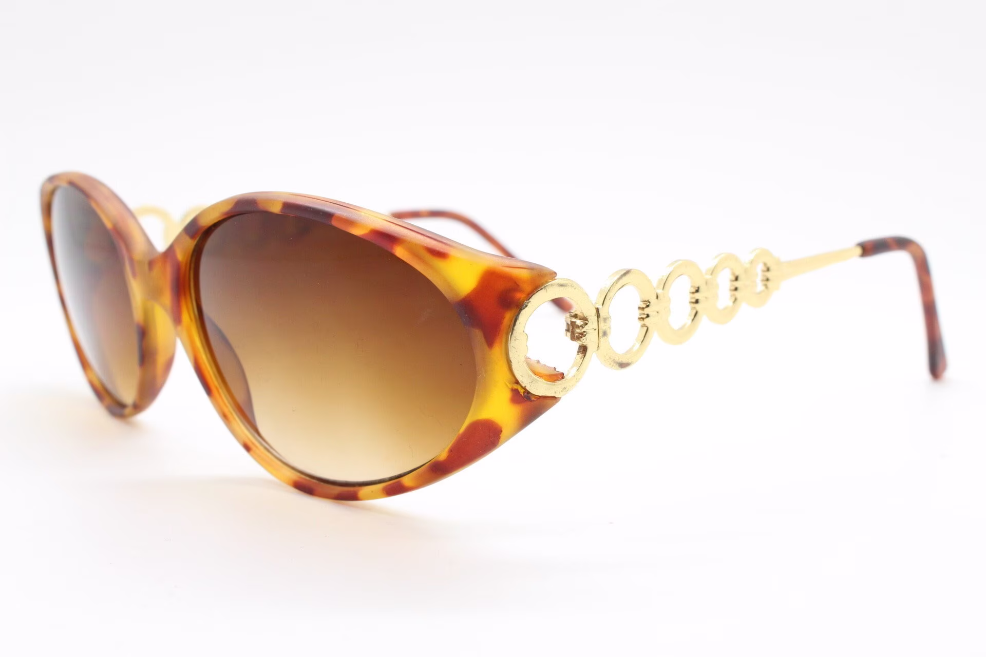 90S Vintage Oval Cateye Sunglasses. Womens Honey Tortoise Matt Frame With Awe Striking Metal Circle Chain Link Arms. Unused Nos
