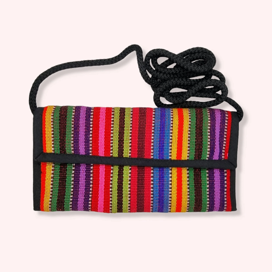 Multicolour Striped Purse, Rectangular Shaped, Velcro Closure Multi Compartment Storage, Guatemalan Shoulder Hippie Purse