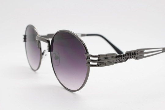 90S Vintage Medium Oval Metal Sunglasses. Grey Gunmetal Frame With Ornate Industrial Style Arms & Black Graduated Lenses. Unused Bnwt