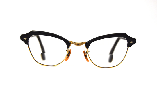 Vintage Cat Eye Eyeglass Frames | Black Half Rim, Gold Metal Corner Diamond Detail