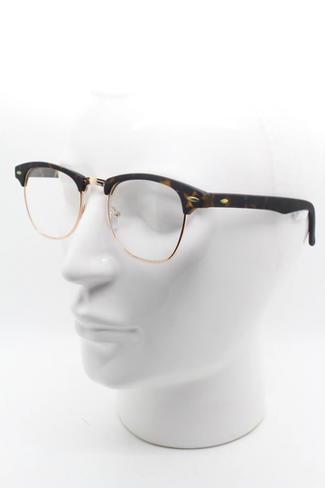 90S Vintage Clubmaster Style Glasses. Tortoise Browline With Gold Half Frame Clear Lens Eyeglasses in Rubber Finish. Mens 50S, 60S Nos