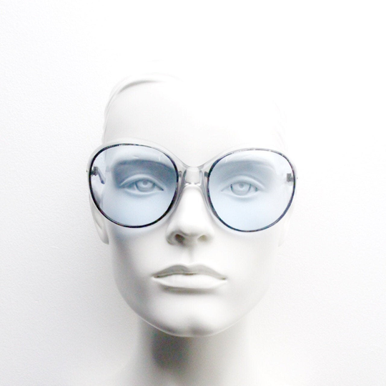 70S Women's Oversized Vintage Sunglasses Made in France. Dramatic Transparent Frame With Sky Blue Lenses