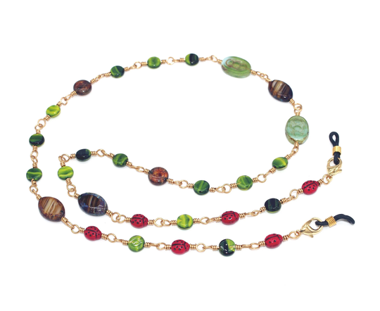 Ladybug Eyeglass Chain, Beaded Necklace, Eye Glass Lanyard, Brass Reading Holder, 30 Inches
