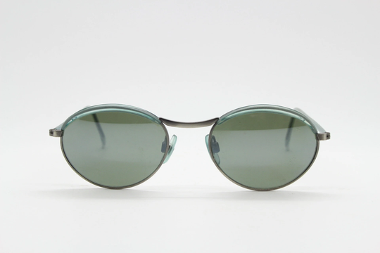 90S Vintage Oval Sunglasses. Matt Gunmetal Slim Frame With Transparent Mild Green Brow & Arms. Steampunk