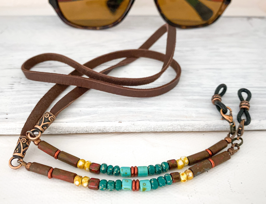 Sunglasses Chain With Turquoise Cream Brown Czech Glass Beads. Leather Eyeglass & Sunglasses Holder. Eye Glasses Cord For Men Women