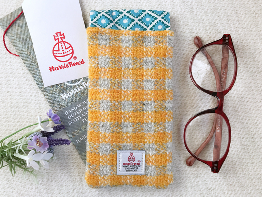 Harris Tweed Glasses Case, Saffron Yellow & Silver Grey Check, Protection For Sunglasses, Gift Her