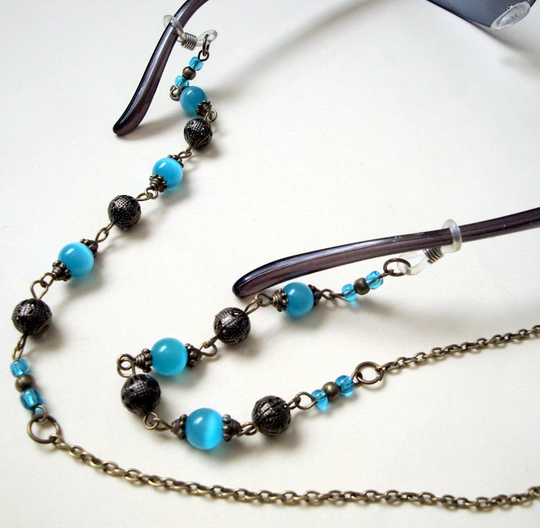 Glasses Chain Spectacles Eyeglass Lanyard Vintage Style Beaded Bronze & Turquoise