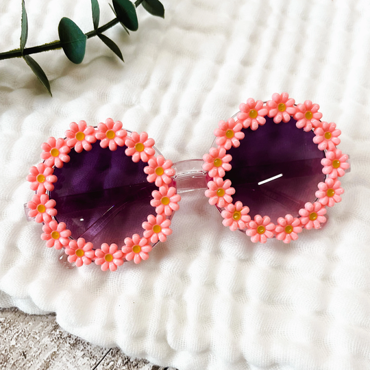 Children's Pink Daisy Round Frame Sunglasses - Uv 400 Protection Kid's Sunglasses Toddler Summer Holiday