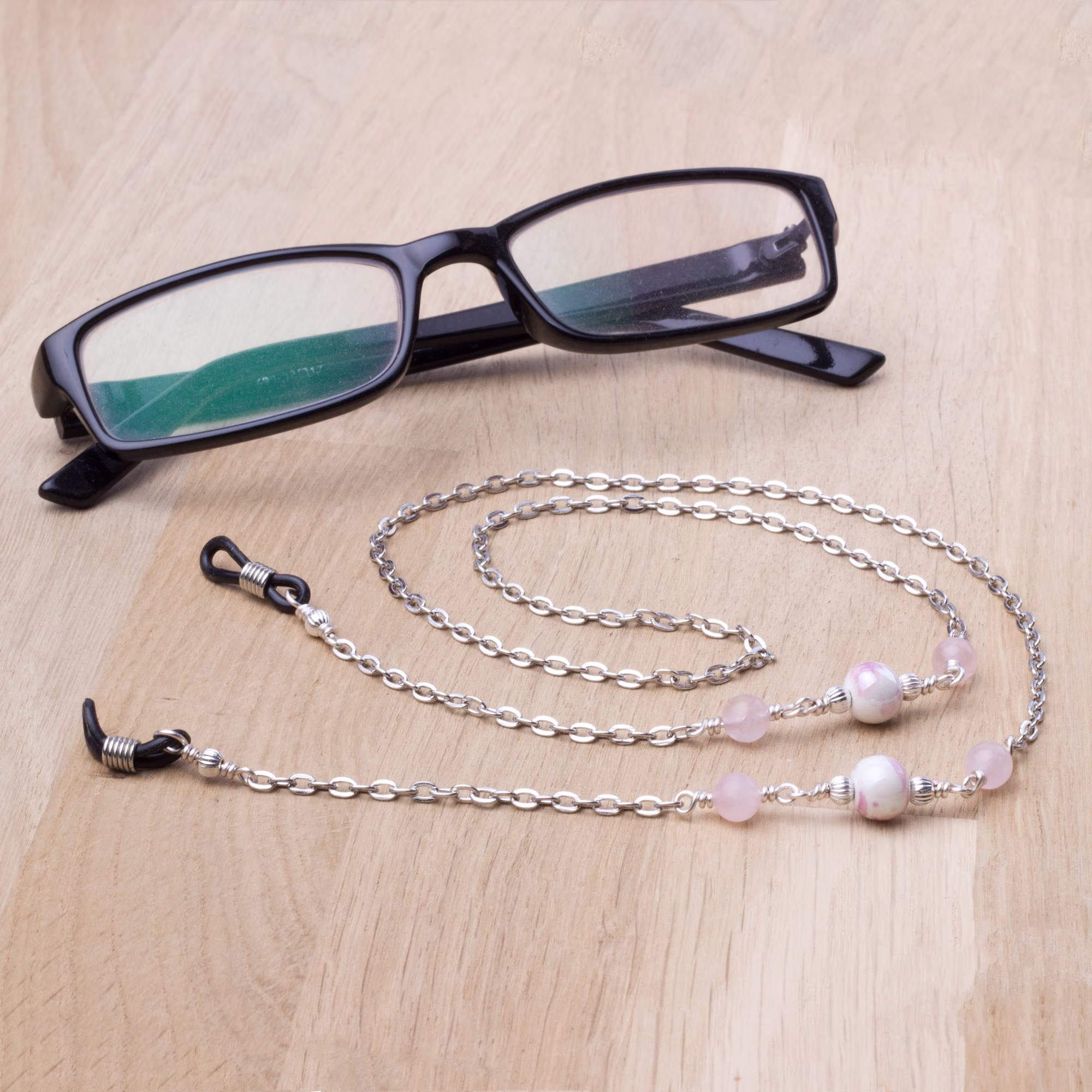 Rose Quartz Glasses Chain - Porcelain & Gemstone Pink White Eyewear Cord | Neck Lanyard Silver Spectacle Strap Eyeglasses Holder