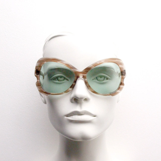 60S Oversized Butterfly Sunglasses. Awe Striking Womens Transparent Brown Acetate Frame With Mint Green Lenses. 70S