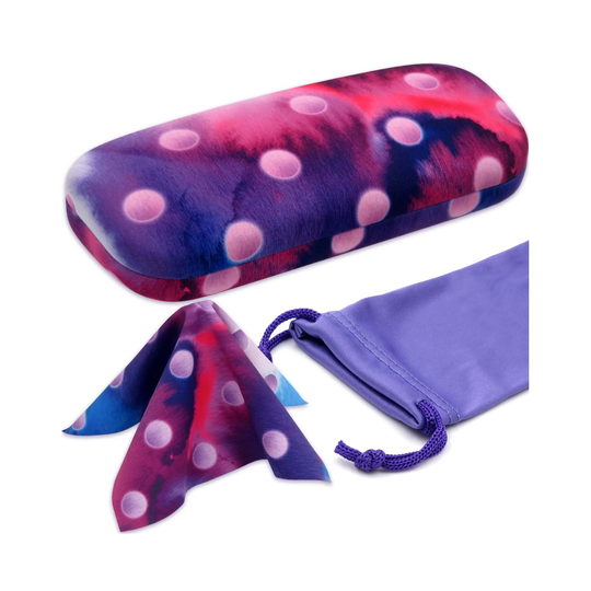 Polka Dot Hard Eyeglass Case - Glasses Holder with Drawstring Pouch & Cloth Small Sunglasses Case For Women | As126 Dots Purple