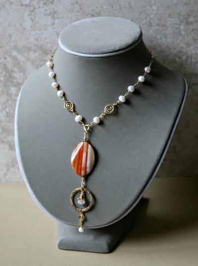 Eyeglass Necklace, ID Holder, Lanyard, Banded Agate & Pearls Gold Accented Holder Necklace