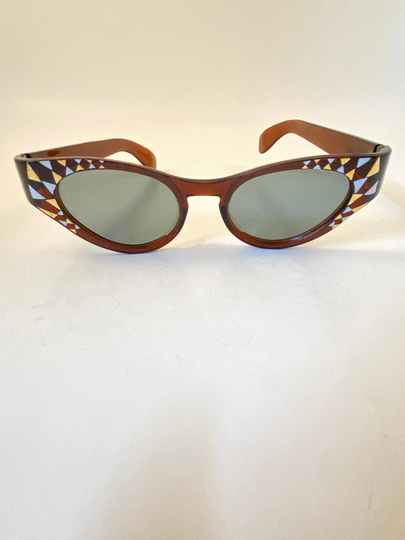 Vintage Sunglasses. Brown Cat Eye Foster Grant Costume Attire. Retro Eyeglass Decor. Ornate Glasses