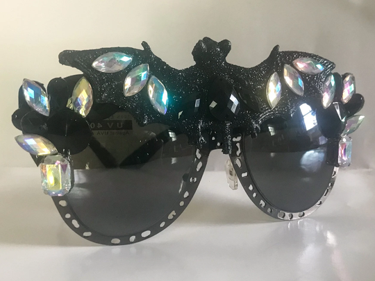 Glitter Bat Sunglasses, Halloween Sunglasses Embellished W Black & Rhinestones, Metallic Glasses Or Unique Costume