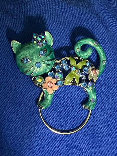 Eyeglass Holder, Sunglasses Badge Holder - Rhinestone Studded Teal Enamel Cat, Kitten, Cats, Kittens, Feline