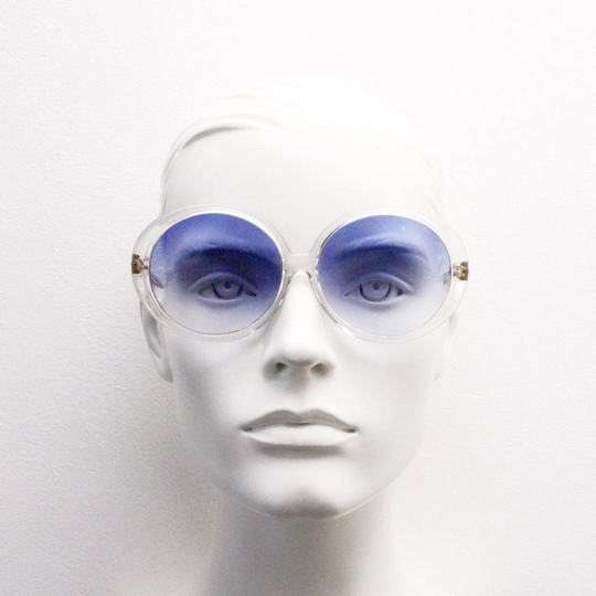 70S Vintage Oversized Round Futuristic Sunglasses. Womens Transparent Clear Crystal Frame With Sensational Graduating Smoky Blue Lenses