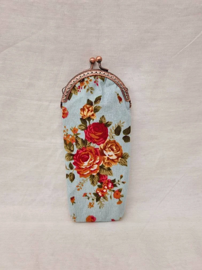 Blue Floral Kiss Clasp Glasses Case/Reading Glasses/Eyewear Case/Sunglasses Case/ Pencil Case/Kiss Lock Case/Teal Case