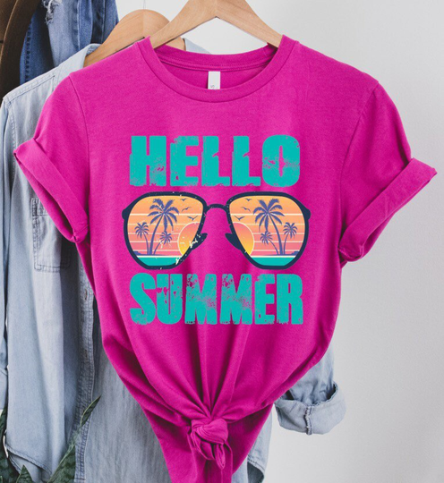 Hello Summer Sunglasses - Transfer-Htv Diy Tshirt Transfer - Ready To Press - Patterned Vinyl - Palm Trees