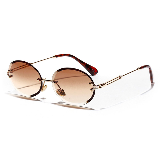 Mens Gold Frame Rimless Vintage Hip Hop Brown Tint Retro Round Cut Sunglasses