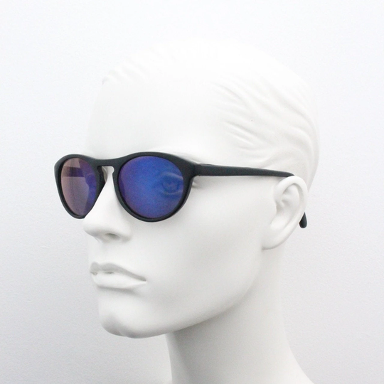 90S Vintage Oval Sunglasses. 60S Style Curved Black Matt Frame With Blue Mirror Lenses. Bnwt. Nos