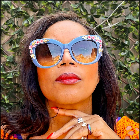 Big Bling Blue Rosebud Sunglasses Women, Embellished Eyewear Florals, Summer Festival Sunnies With Retro Flowers & Crystals, Sparkly Shades