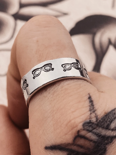 Sunglasses Adjustable Ring, Silver Colour Hand Stamped Ring