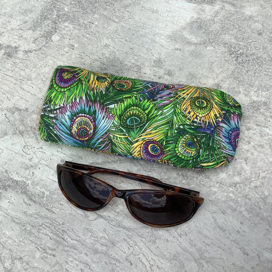 Quilted Eyeglass Case - Peacock Feathers Green Purple Yellow Glass Felt Lining Eyewear Accessory