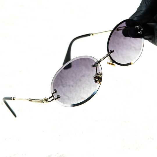 Purple Tint Gold Frame Round Cut Rimless Retro Vintage Mens Oval Sunglasses