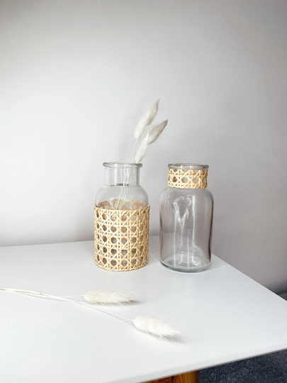 A Pair Of Rattan Handcrafted Vintage Glass Cases/Home Decor Minimal Design Fashion