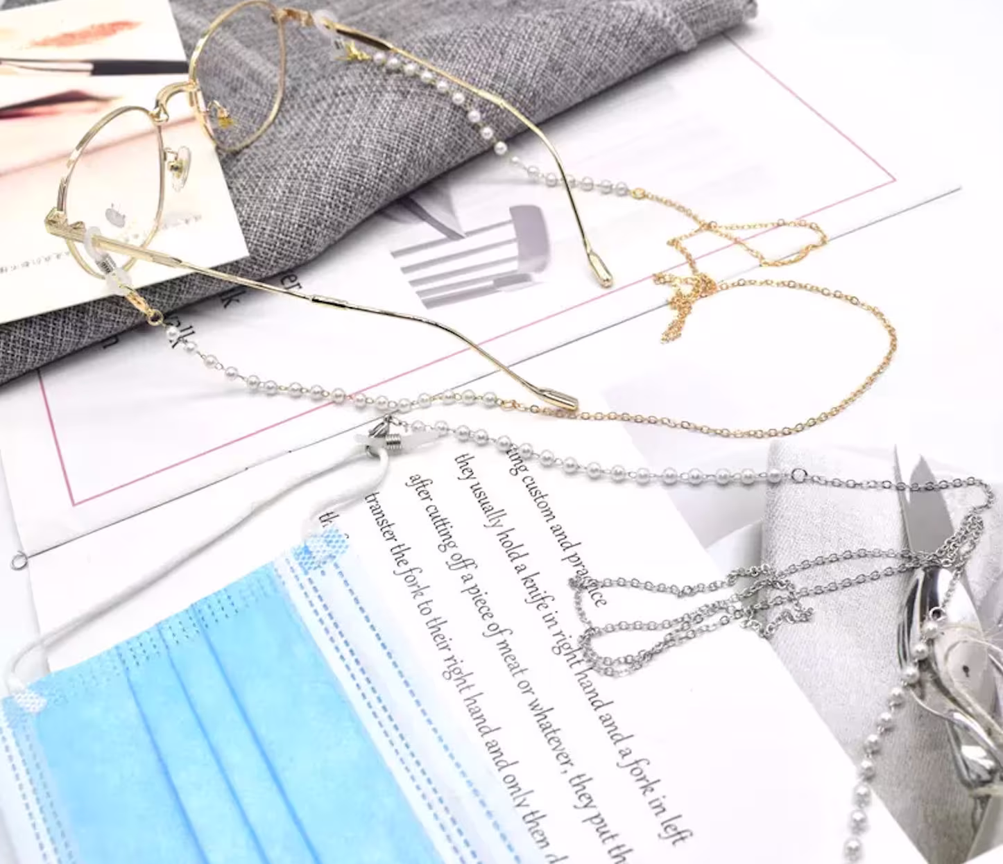 Glasses & Face Mask Beaded Chain Lanyard Holder - Pearls in Silver Gold Colours Sunglasses Holder Necklace Retro Y2K