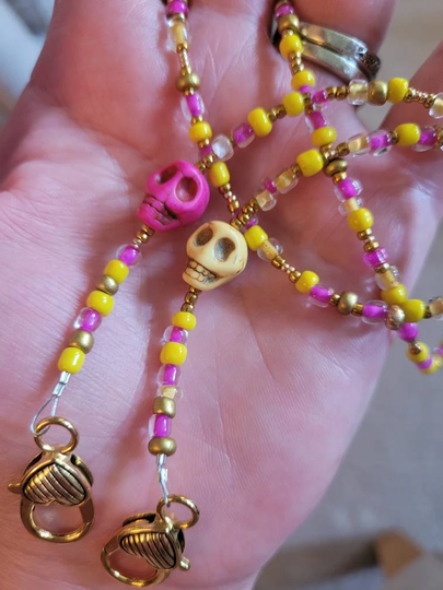 Pink & Yellow Sugar Skulls Beaded Mask Chain Or Eyeglass Holder