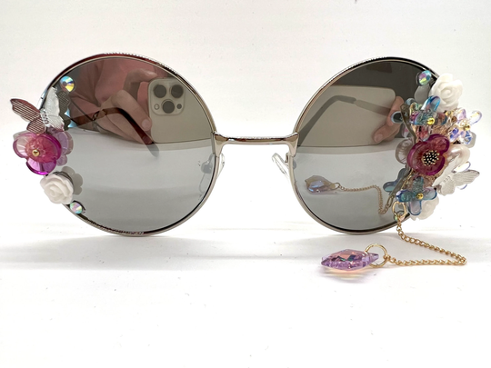 Pretty Silver Round Flower Sunglasses