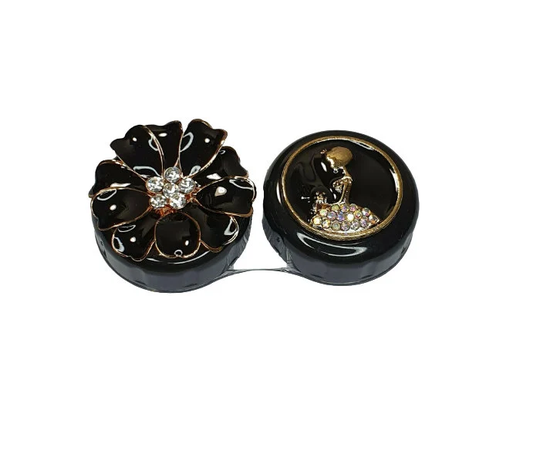 Black Gold Diamante Jewelled Flower & Princess 3D Flat Contact Lens Lenses Storage Soaking Case