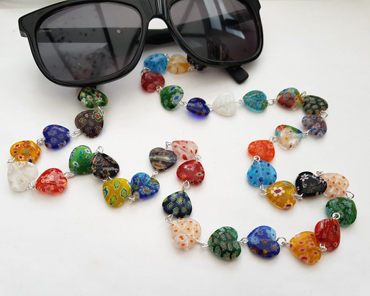 Glasses Spectacles Chain With Multicolour Millefiori Heart Beads