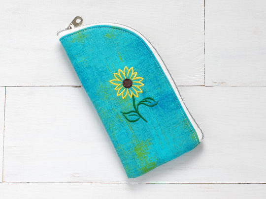 Embroidered Sunflower Sunglasses Pouch, Teal Eyeglass Case, Fabric Zipper Soft Holder, Padded Glasses Case