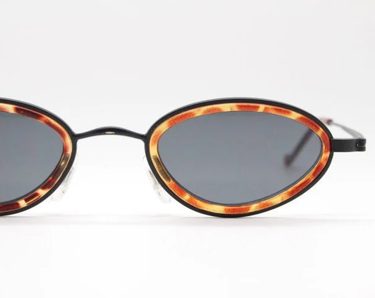 90S Vintage Micro Sunglasses. Slender Black Matt Metal Oval Frame With Tortoise Insets.nos