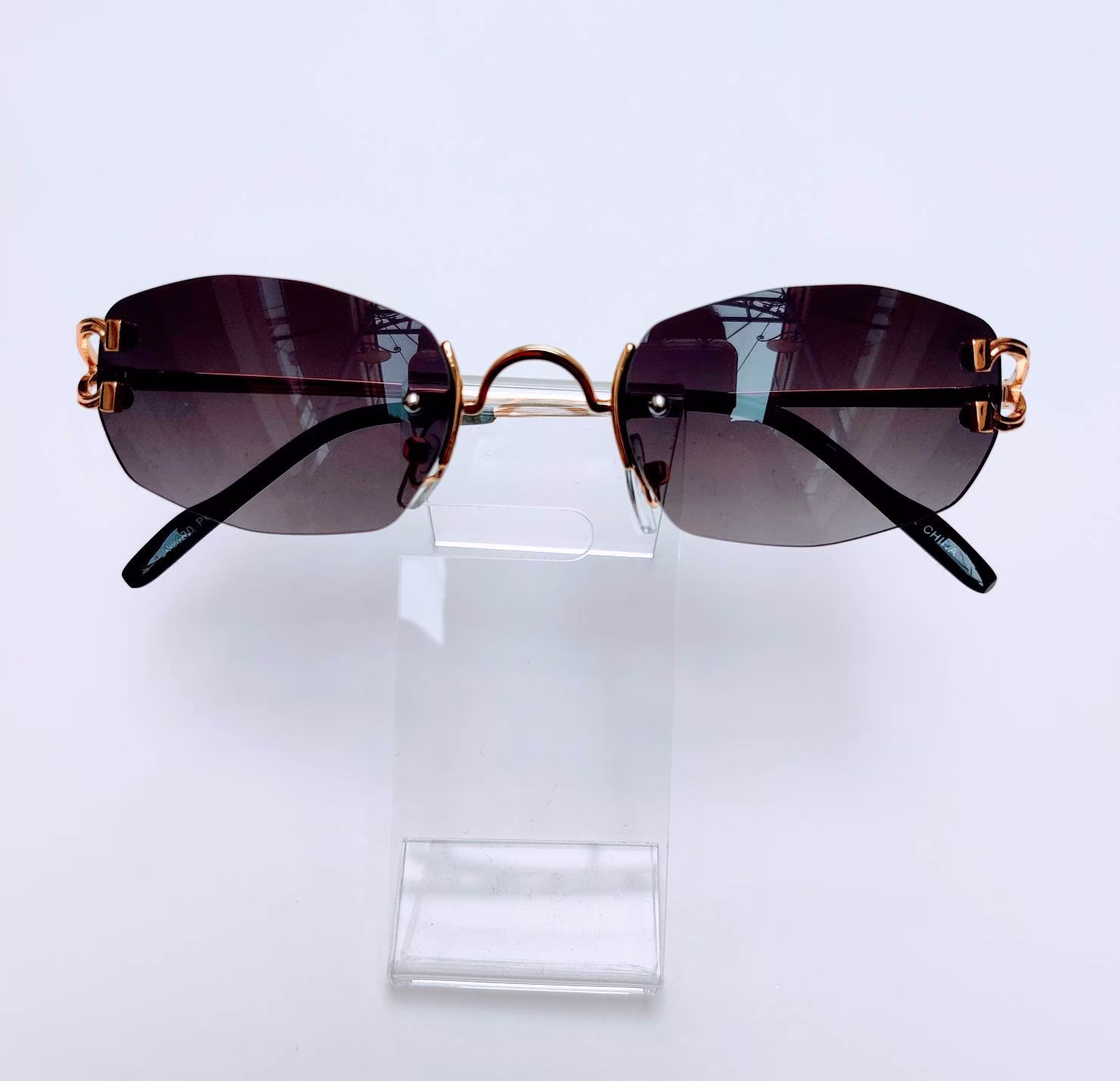 Rimless Black Lens Unisex Gold Metal Sunglasses. Free Shipping