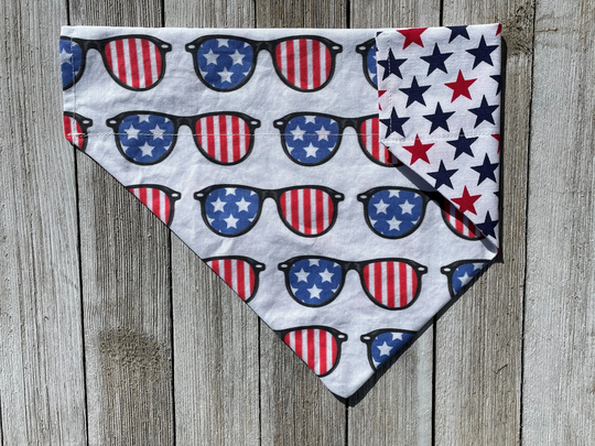Patriotic Sunglasses Reversible Dog Bandana, Over The Collar, 4Th Of July, Independence Day, Red White & Blue, Stars Stripes