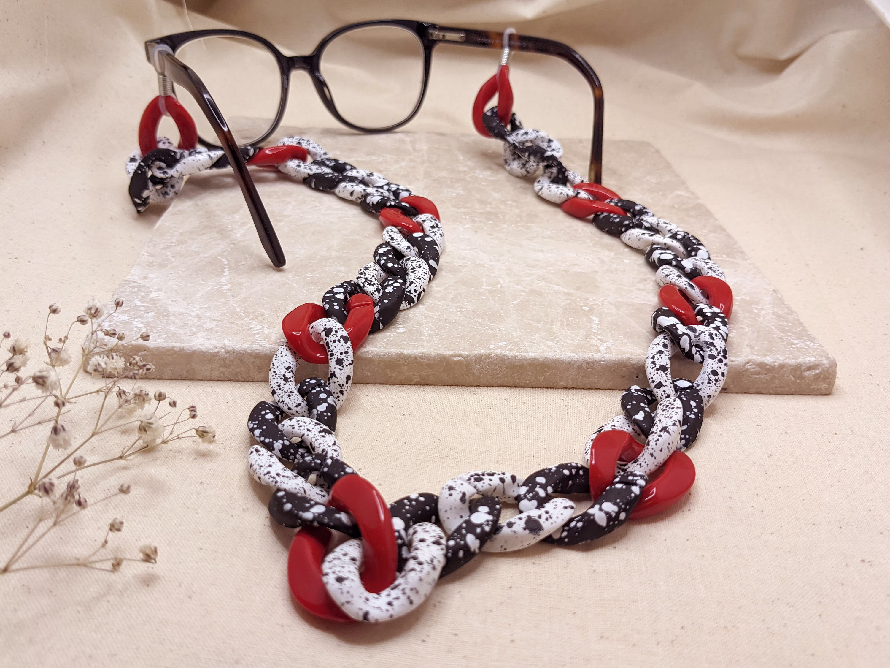 Glasses Chain - Red, Black & White Chunky Acrylic Perfect For Wearing With Sunglasses, As Glasses Holder. Perfect Gift Her