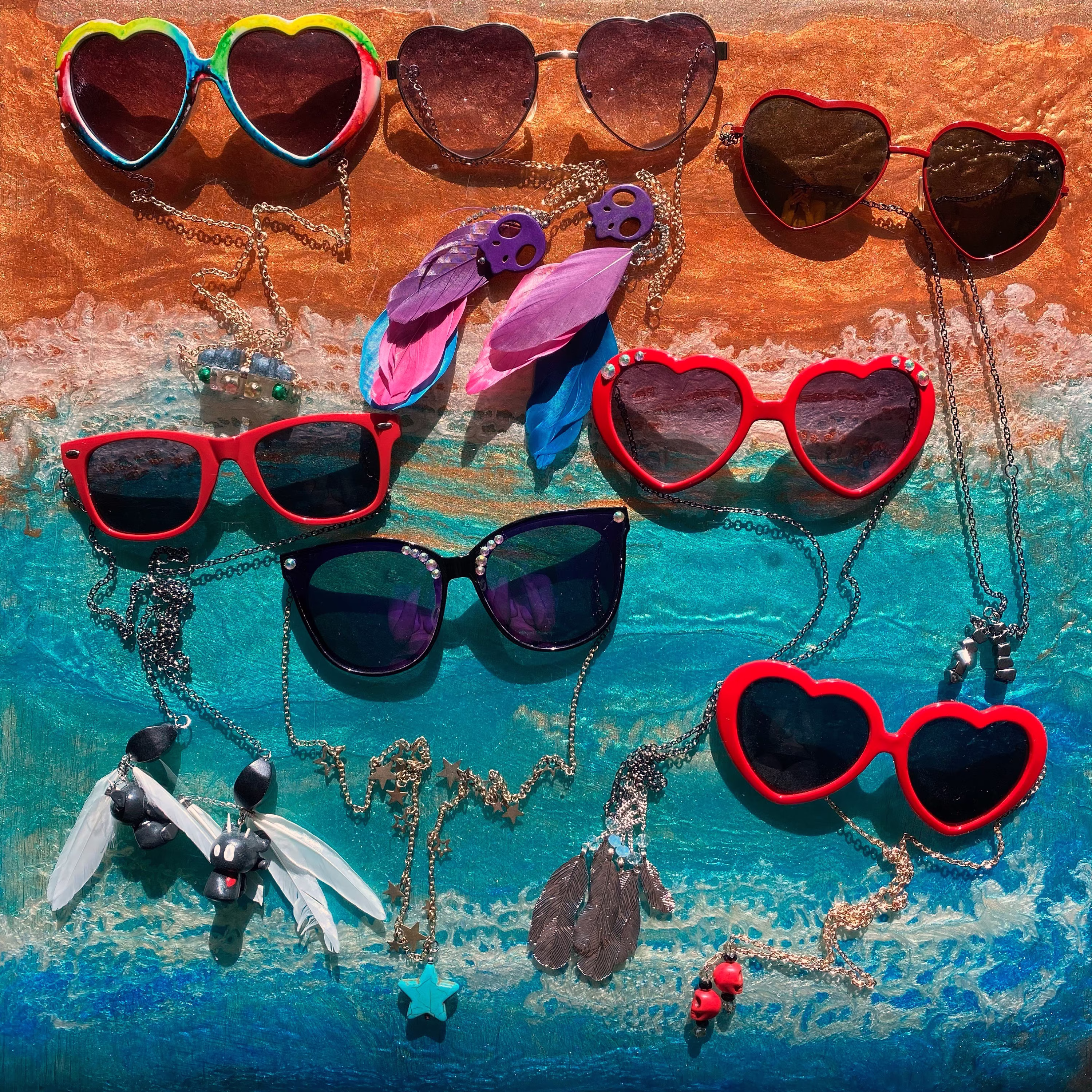 Chain Sunglasses L Festival Feather Summer Boho Chic Heart Magnet Clasp