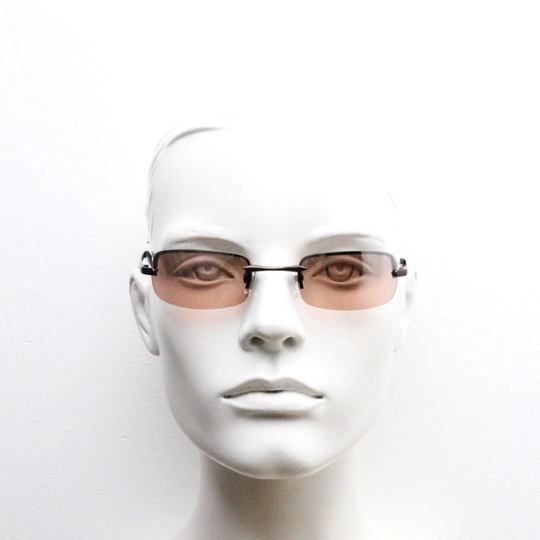 90S Vintage Small Sunglasses. Low Profile Half Frame in Brown Chrome With Light Tone Coral Pink Graduated Mirror Lenses. 2000's. Y2K. Nos