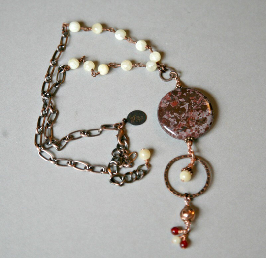 Tiger Jasper, Lemon Yellow Calcite & Copper Accented Eyeglass Holder Necklace. Brown Necklace, Badge Holder, ID Lanyard