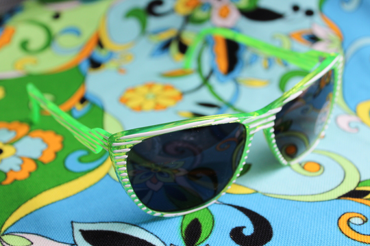 Vintage Sunglasses - Oversized Green & White Zig Zag Striped Shades 1990S Y2K
