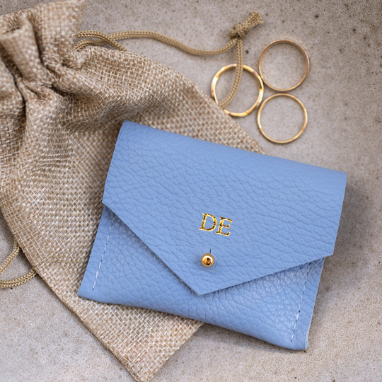 Blue Leather Jewellery Pouch. Personalised Wedding Gift, Bridesmaid Gifts. Something Gift, Square Business Card Holder