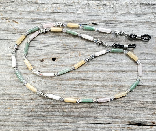 Rose Quartz Green Aventurine Yellow Jade & Dragonfly Eyeglass Lanyard, Holder